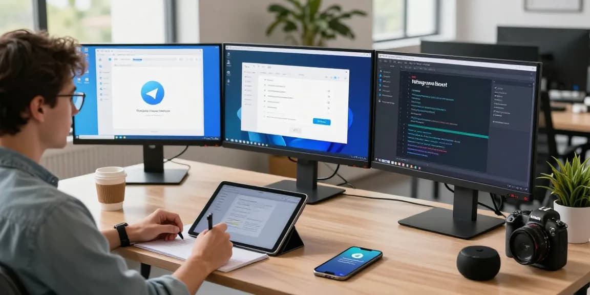 Enhance your communication with Telegram Download for seamless messaging, featuring a modern tech workspace with developers at work.