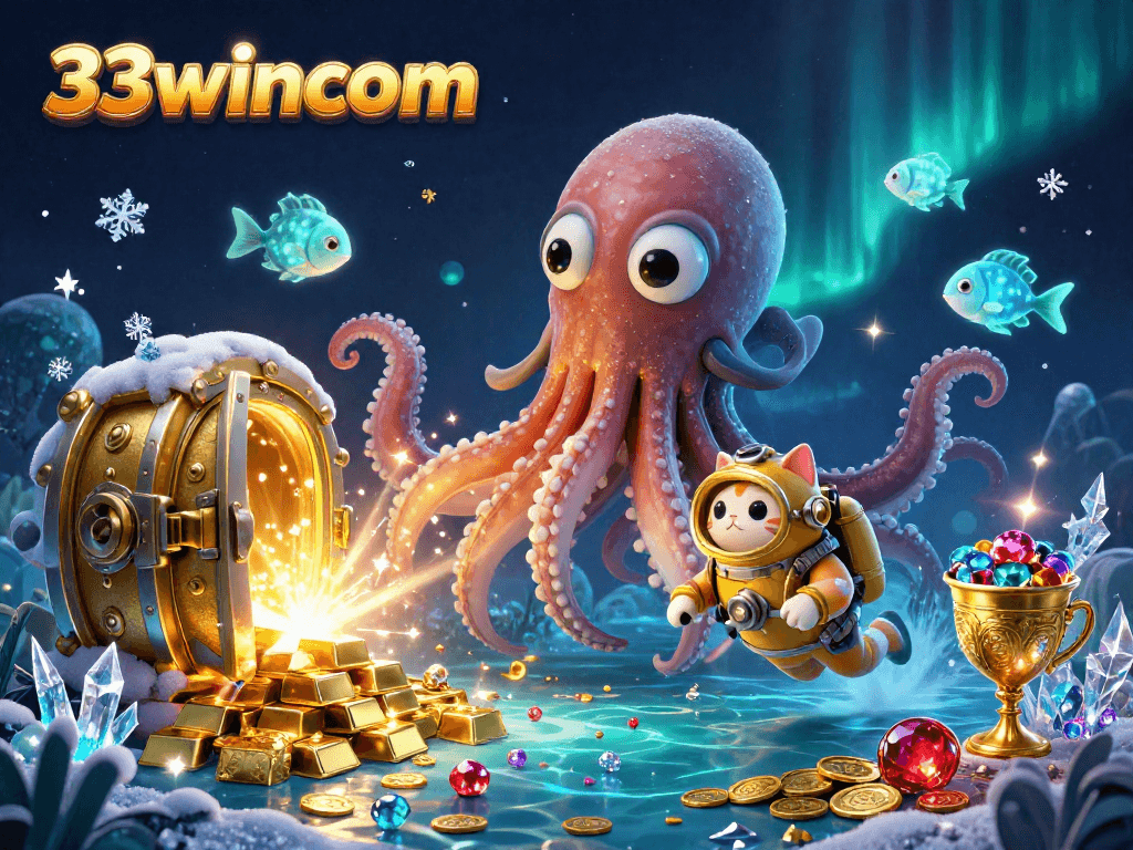 Experience the excitement of 33wincom's captivating online casino with vibrant treasures and a lively cartoon kraken.