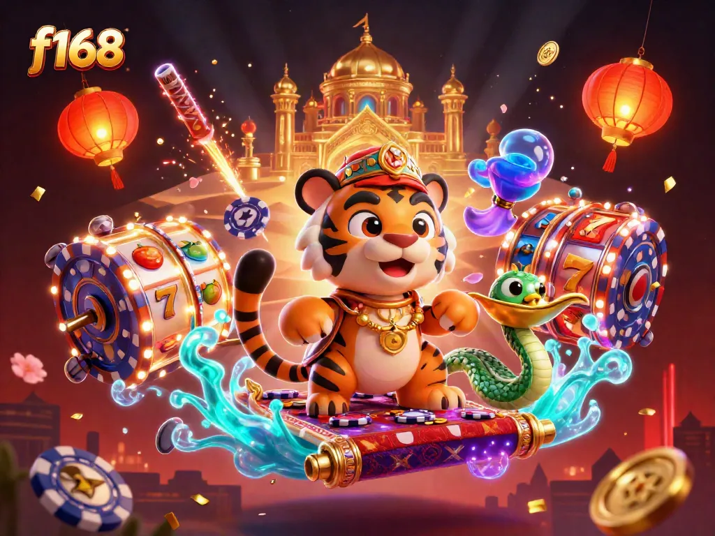 Spin the reels with f168 in a vibrant casino scene featuring a tiger sultan on a flying carpet.