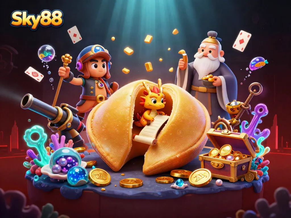 Experience thrilling gaming action with Sky88, a vibrant 3D casino scene rich in dynamic gaming elements and characters.