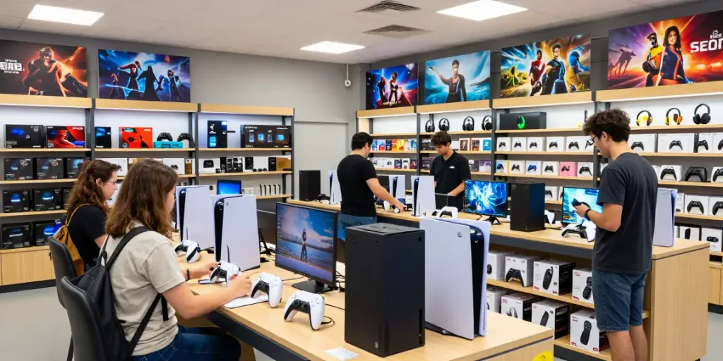 rokok88 gaming store showcasing original PlayStation and Xbox consoles with friendly staff