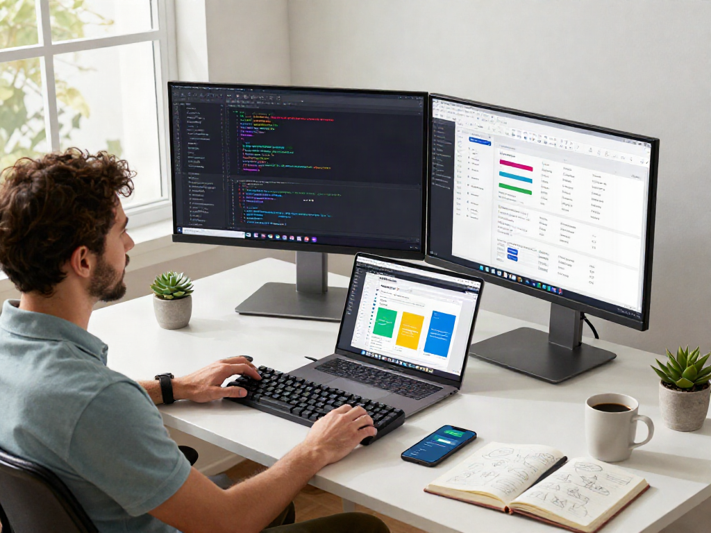 Developer coding on multiple screens in a modern workspace, showcasing crushonai productivity tools.