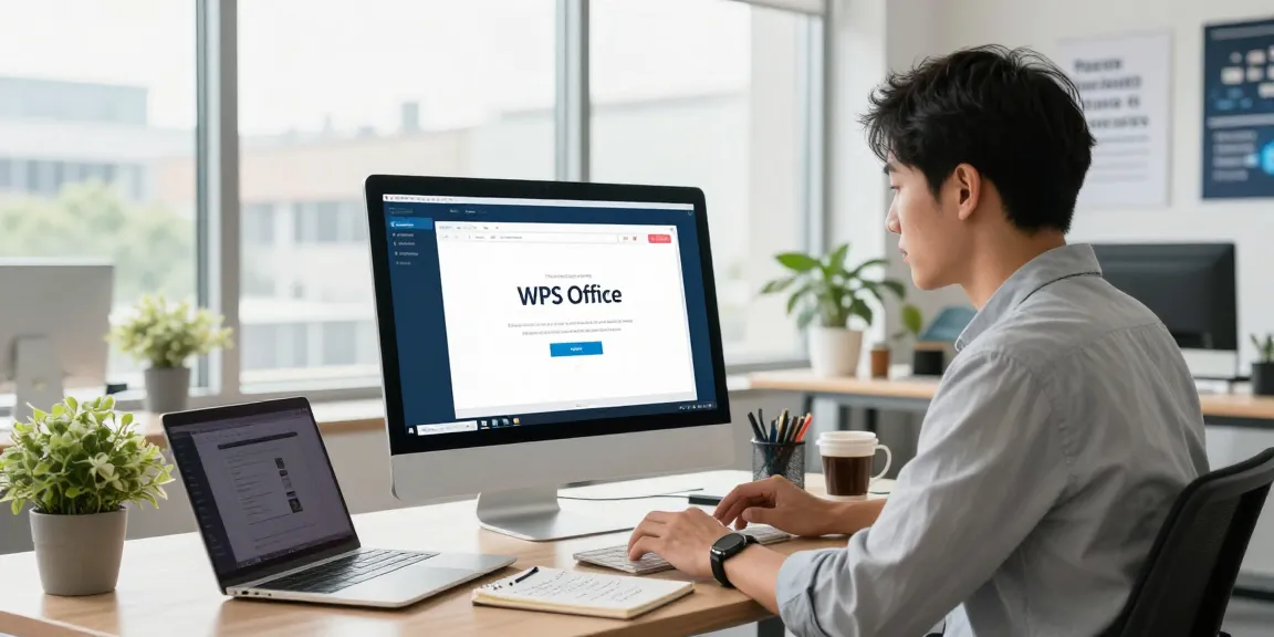Download WPS Office on a desktop; professional user in a modern workspace.