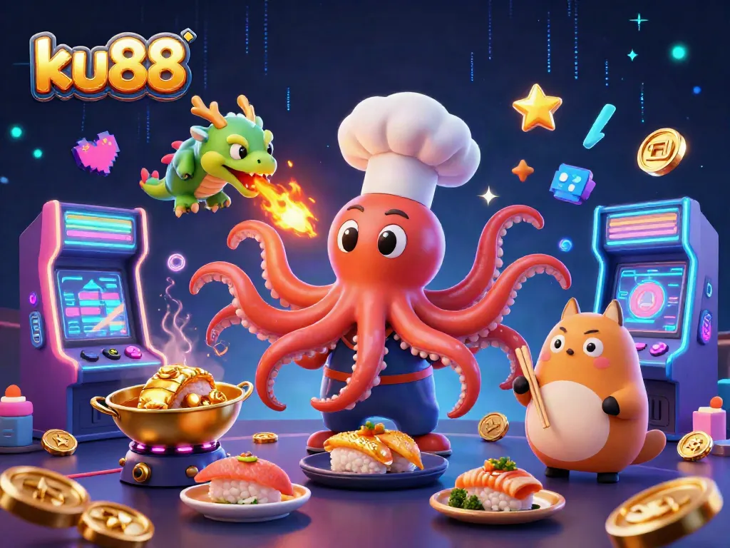 Immerse in the thrilling world of ku88 with a whimsical illustration of a sushi chef octopus and dragon in action.
