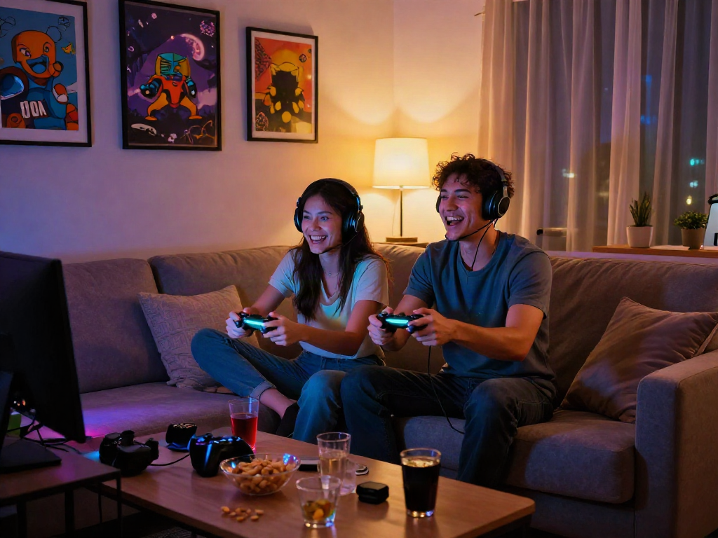 Couple enjoying an engaging porn game experience in a cozy setting.