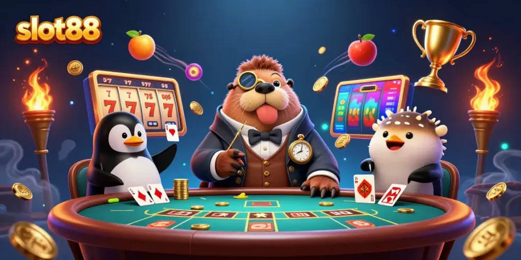 Experience the thrill of slot88 with an underwater casino scene featuring a walrus and friends.