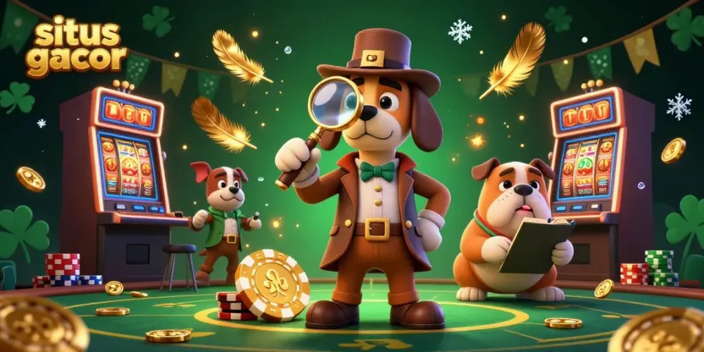 Sites gacor showcase a 3D detective exploring golden poker chips amid a vibrant casino scene.