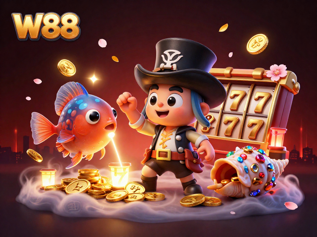 W88 showcases a vibrant casino scene with an anglerfish, shrimp, and treasure snail amid gaming action.