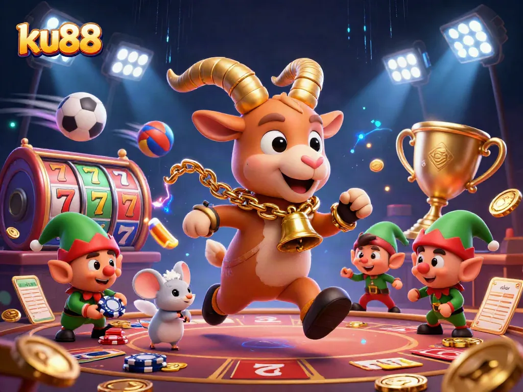 ku88 elevates gambling excitement with festive chaos featuring casino characters and vibrant game elements