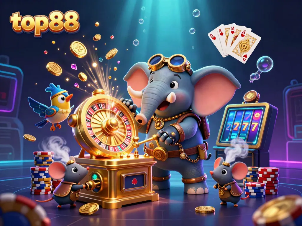 Watch top88's steampunk elephant engineer delightfully operate a vibrant golden slot machine surrounded by a dazzling cascade of coins and gems.