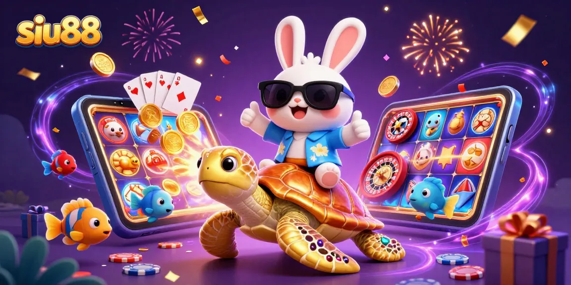 Experience siu88 excitement with a lively cartoon scene of lucky rabbit and golden turtle celebrating casino games.