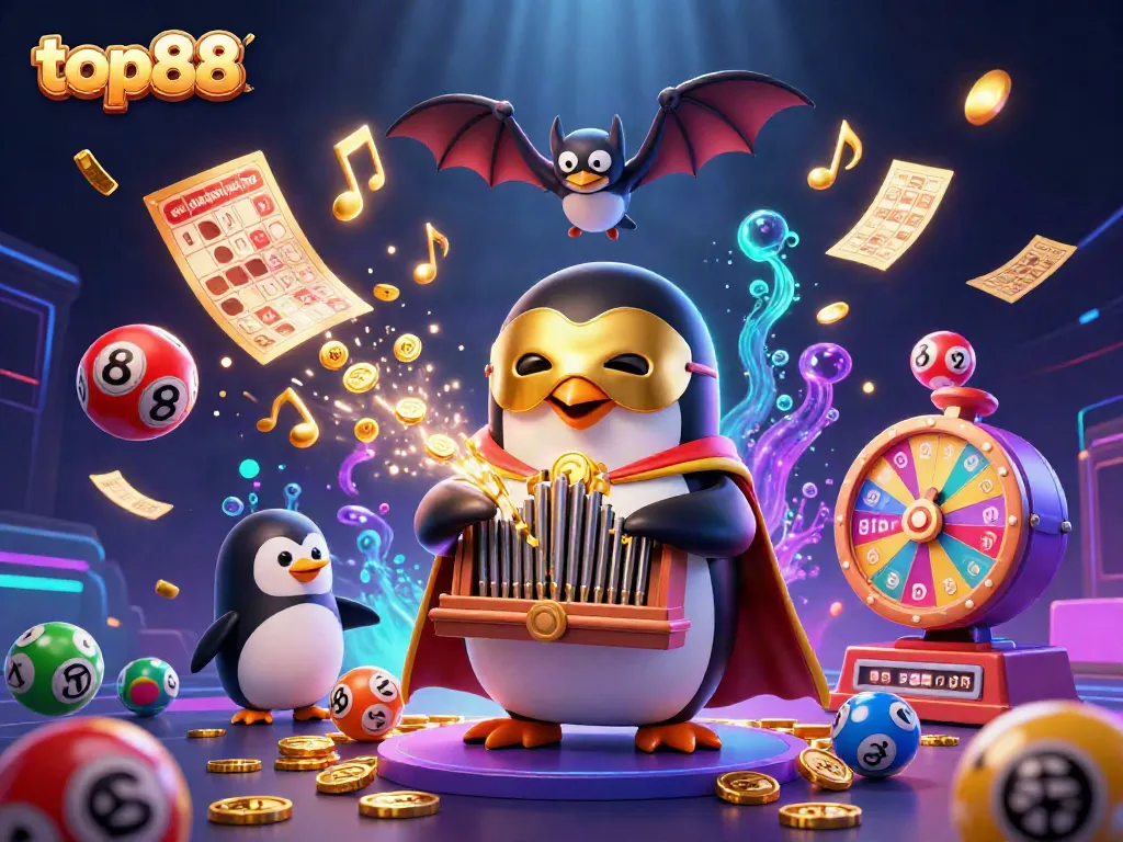 Engaging top88 gaming illustration featuring a penguin playing a golden organ amid lively casino scenes.