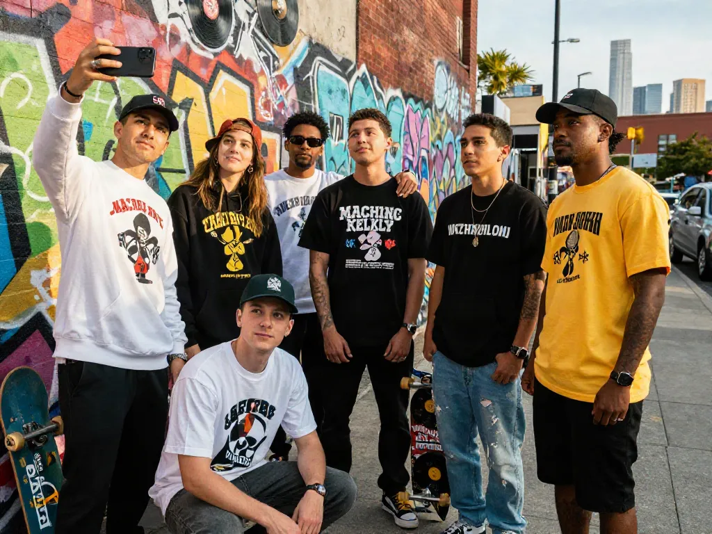Fans showcasing rokok88 Machine Gun Kelly merchandise in an urban setting, vibrant street style, and a community vibe.