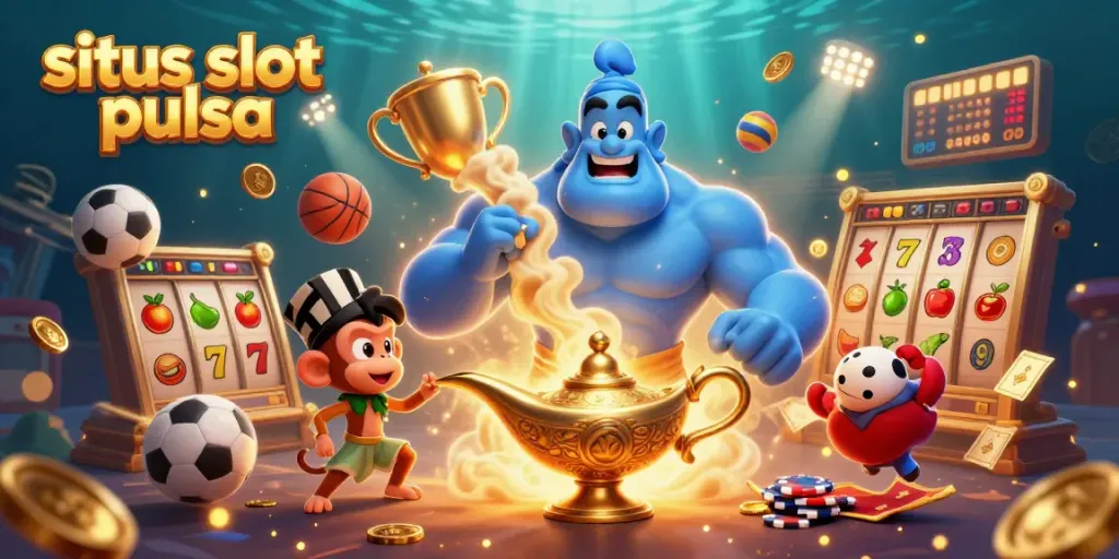Experience the thrill of situs slot pulsa with a magical genie, vibrant casino elements, and dynamic visuals in this captivating illustration.