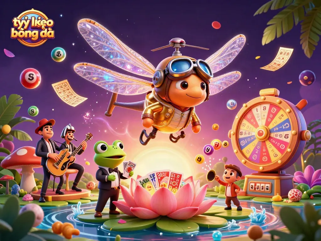 Engage with our thrilling tỷ lệ kèo bóng đá atmosphere featuring vibrant characters at a lily pad casino.
