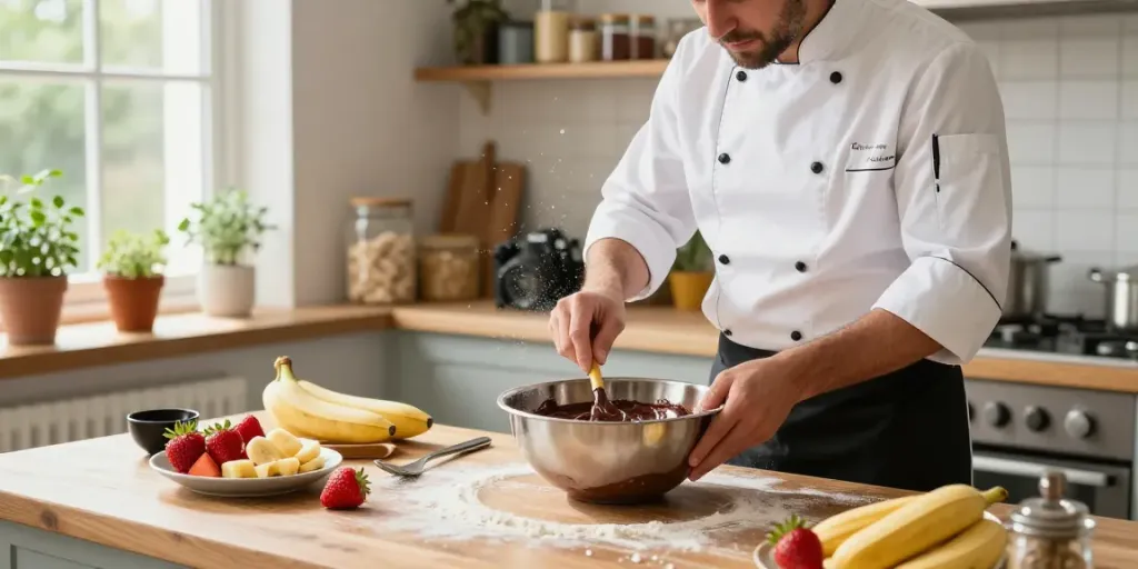 Delicious rokok 88 crepes being prepared with dark chocolate and fresh toppings in a sunny kitchen.
