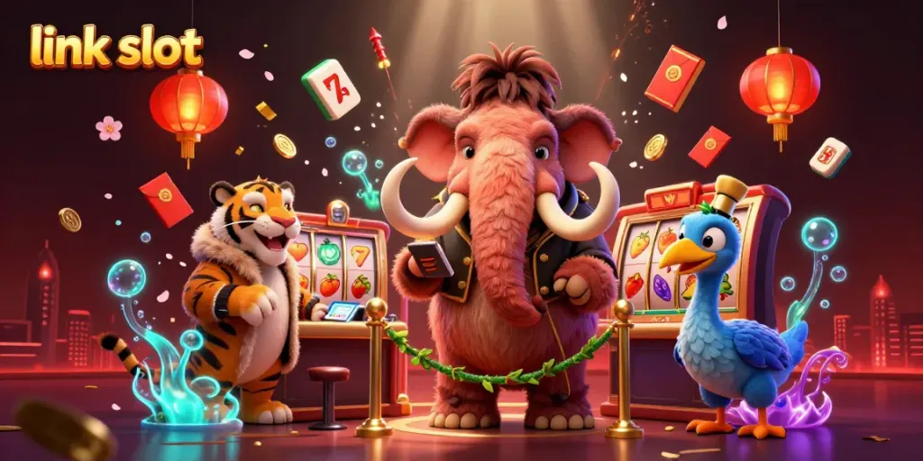 Witness the exciting link slot scene with a woolly mammoth bouncer, saber-tooth tiger guest, and rich casino elements.