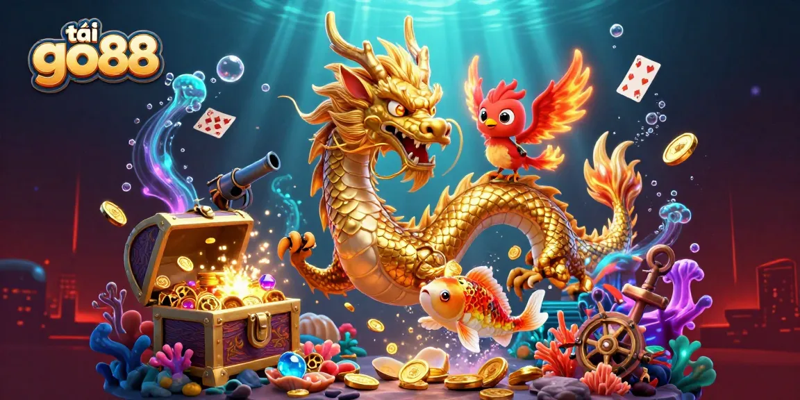 Play exciting games and tải go88 with a powerful Chinese dragon and phoenix in a bustling casino scene.