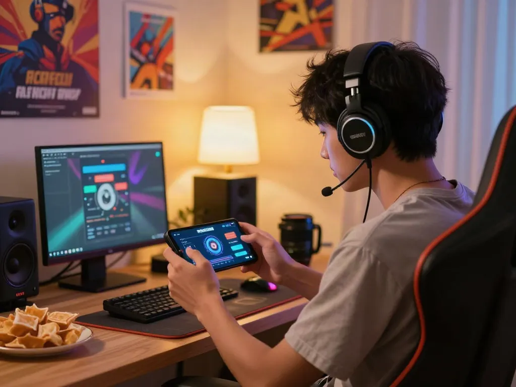 Excited user engaged with rokok88 APK in a cozy gaming setup.