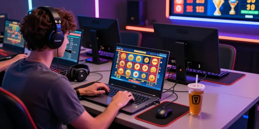 Engaging Slot88 resmi gaming scene with player at laptop in vibrant setting