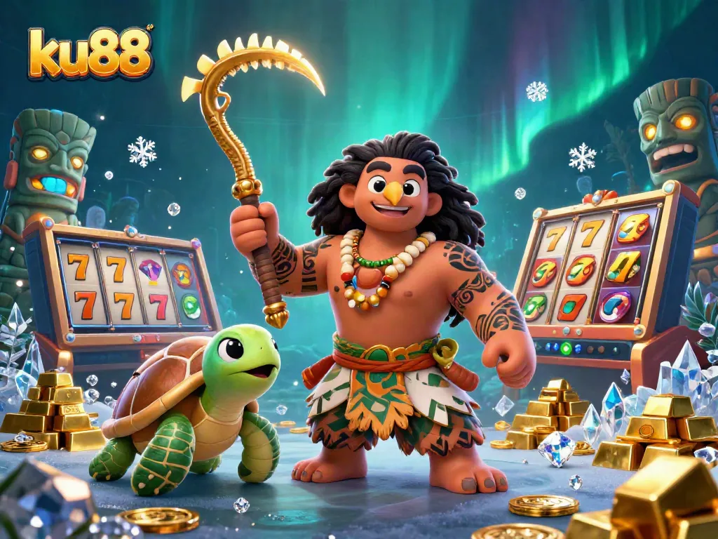Spin and win at ku88 with a lively 3D casino scene featuring slots, gold treasures, and tropical characters.
