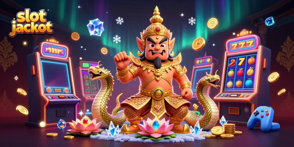 Immerse in thrilling action with slot jackpot as vibrant 3D characters surround slot machines in this detailed illustration.